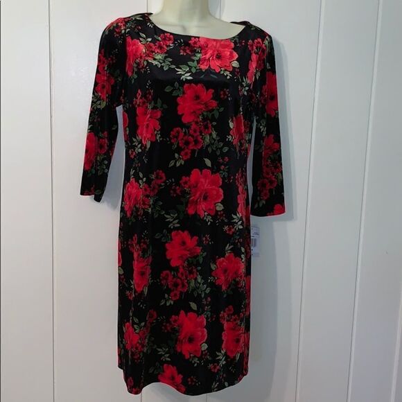 NWT RN Studio black velvet dress with red flowers - Picture 1 of 8